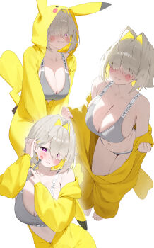 1girl :3 absurdres ahoge animal_ears applying_makeup armpit_crease armpits blush blush_stickers bra breasts cleavage closed_mouth collarbone colored_inner_hair commentary cosplay elegg_(nikke) fang fang_out fingernails gen_1_pokemon goddess_of_victory:_nikke grey_background grey_bra grey_panties grey_sports_bra hair_behind_ear hair_intakes hair_over_eyes highres holding holding_brush holding_makeup_brush kigurumi large_breasts leaning_forward makeup_brush medium_hair multicolored_hair multiple_views navel nikku_nana nintendo panties pikachu pikachu_(cosplay) pikachu_costume pikachu_ears pikachu_hood pikachu_tail pink_eyes pokemon pokemon_tail simple_background smile solo_focus sports_bra stomach sweat symbol-only_commentary tail thighs two-tone_hair underwear white_background