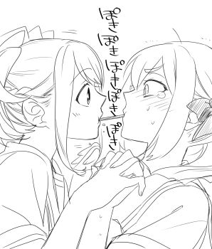 Rule 34 | 2girls, blush, chuo tanegashima high school uniform, food, food in mouth, greyscale, highres, holding hands, ikuhashi muiko, imminent pocky kiss, interlocked fingers, koujiro frau, long hair, monochrome, multiple girls, nervous sweating, pocky, pocky in mouth, robotics;notes, school uniform, science adventure, senomiya akiho, surprised, sweat, yuri