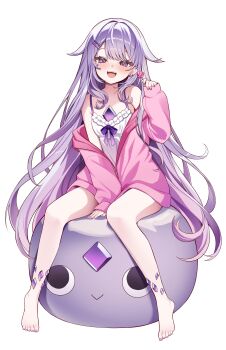 1girl :d absurdres barefoot between_legs candy center-flap_bangs chemise chest_jewel commentary_request double-parted_bangs food frilled_chemise full_body gem hair_flaps hair_ornament hairclip hand_between_legs hand_up highres holding holding_candy holding_food holding_lollipop holoadvent hololive hololive_english jacket jewel_under_eye koseki_bijou light_blush lollipop long_hair looking_at_viewer noraneco117 off_shoulder open_mouth parallel_hairclips purple_eyes purple_gemstone purple_hair purple_jacket sidelocks simple_background sitting smile solo teeth toes upper_teeth_only very_long_hair virtual_youtuber white_background white_chemise