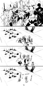 3boys 4girls absurdres after_battle breasts commentary corpse don_quixote_(project_moon) e.g.o_(project_moon) faint_aroma_(e.g.o) faust_(project_moon) halo highres hong_lu_(project_moon) horns index_(identity)_(project_moon) large_breasts limbus_company lobotomy_corporation_(identity)_(project_moon) meursault_(project_moon) monochrome multiple_boys multiple_girls necktie procuration_(e.g.o) project_moon ring_(identity)_(project_moon) rodion_(project_moon) ryoshu_(project_moon) sword the_g_(bhu204) untranslatable_commentary weapon yin_yang