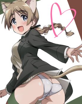 1girl absurdres ahoge animal_ears ass blue_eyes blush braid breasts brown_hair butt_crack cat_ears cat_girl cat_tail from_behind highres long_hair looking_at_viewer looking_back lynette_bishop medium_breasts multiple_girls no_pants open_mouth panties shiny_skin simple_background single_braid smile solo standing strike_witches striped_clothes tail thighhighs tokiani underwear white_background world_witches_series