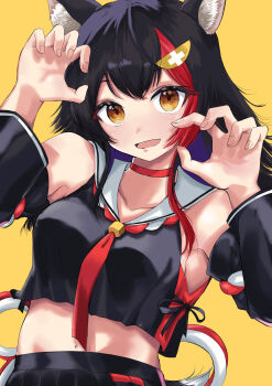 1girl absurdres animal_ear_fluff animal_ears armpits bare_shoulders black_hair black_skirt breasts choker claw_pose collarbone commentary detached_sleeves hair_ornament highres hololive large_breasts light_blush long_hair looking_at_viewer midriff multicolored_hair ookami_mio ookami_mio_(1st_costume) open_mouth red_choker red_hair rope shimenawa simple_background skirt virtual_youtuber wolf_ears wolf_girl yellow_background zero80236835117