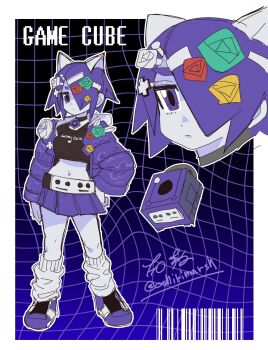 1girl animal_ears artist_name barcode black_background black_tank_top blue_background cat_ears commentary crop_top dancho_no_mori english_text full_body game_console gamecube gamecube_controller gradient_background grid_background hair_ornament hair_over_one_eye hand_on_own_hip highres jacket loose_socks midriff multiple_views navel nintendo object_and_personification open_clothes open_jacket original personification purple_eyes purple_hair purple_jacket purple_skirt shoes short_hair signature skirt sneakers socks spiked_hair standing symbol-only_commentary tank_top upper_body