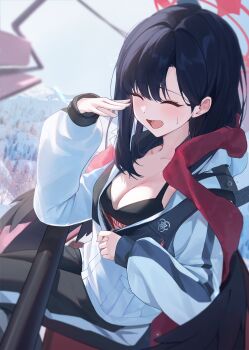 1girl absurdres alternate_costume black_hair black_sports_bra black_wings blue_archive closed_eyes em-2 feathered_wings halo highres ichika_(blue_archive) jacket jw_(wrdawrda) long_hair looking_at_viewer low_wings partially_unzipped red_halo sitting solo sports_bra trinity_general_school_logo white_jacket wings