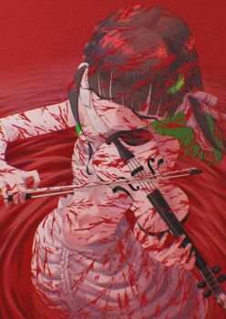 1girl alternate_hair_color baio_rin bare_arms bare_shoulders black_hair blood blood_in_hair blood_on_clothes blood_splatter blunt_bangs closed_eyes colored_inner_hair commentary green_hair hair_ribbon highres instrument kangara0117 kimi_no_koto_ga_dai_dai_dai_dai_daisuki_na_100-nin_no_kanojo long_hair multicolored_hair music playing_instrument pool_of_blood ribbon skirt smile solo strapless tube_top two-tone_hair two_side_up violin white_ribbon white_skirt white_tube_top