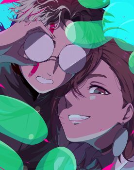 1boy 1girl adjusting_eyewear ayase_momo black_choker black_hair black_jacket brown_eyes brown_hair choker clenched_teeth collared_shirt crossed_bangs dandadan facial_mark gakuran glasses grin hair_between_eyes hair_over_one_eye highres jacket medium_hair moufu_00 multicolored_hair red_hair round_eyewear school_uniform shirt short_hair smile streaked_hair takakura_ken_(dandadan) takakura_ken_(transformed)_(dandadan) teeth transformation upper_body white_hair
