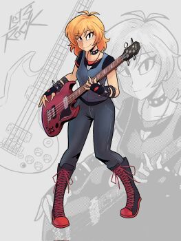 Rule 34 | 1girl, alt text, antenna hair, black boots, black choker, black eyes, black gloves, black pants, blonde hair, boots, breasts, choker, closed mouth, collarbone, commentary, corrupted twitter file, denim, english commentary, fingerless gloves, freckles, full body, gloves, highres, jeans, knee boots, lace-up boots, looking at viewer, mannys art, medium hair, original, pants, small breasts, smile, solo, zoom layer