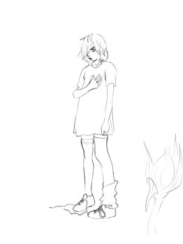 Rule 34 | 1girl, absurdres, hair over one eye, highres, leg warmers, lineart, long legs, long shirt, non-web source, shirt, shy, t-shirt, untied shoelaces