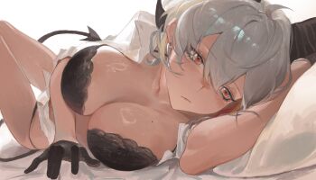 1girl absurdres black_bra black_gloves black_horns black_panties black_tail bra breasts closed_mouth commentary demon_tail earrings gloves grey_hair hair_between_eyes highres horns jewelry key_earrings large_breasts liudaohai6001 looking_at_viewer looking_to_the_side lying mole mole_on_breast no_pants on_back open_clothes open_shirt panties red_eyes shirt solo tail torso_twist underwear white_shirt wuthering_waves zani_(wuthering_waves)