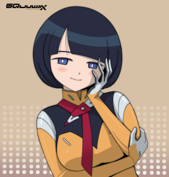 1girl arm_under_breasts black_hair blue_eyes blunt_bangs bodysuit breasts bright_pupils brown_background closed_mouth commentary copyright_name earth_federation gundam gundam_gquuuuuux hand_on_own_face highres js_71535 looking_at_viewer mature_female mecha_pilot_suit medium_breasts normal_suit_(gundam) revision science_fiction shiiko_sugai short_hair smile solo upper_body white_pupils yellow_bodysuit