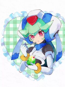 1girl armor blush cup eating green_hair heart helmet highres holding holding_cup long_hair mega_man_(series) mega_man_zx model_w_(mega_man) pandora_(mega_man) red_eyes simple_background solo teto_(y3832) upper_body white_armor white_background white_helmet