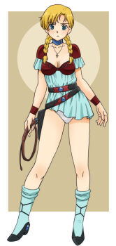 Rule 34 | 1girl, belt, black shoes, blonde hair, blue dress, blue eyes, blue socks, braid, breasts, cleavage, cross, cross necklace, doris lang, dress, full body, jewelry, kneehighs, long hair, necklace, panties, shoes, short dress, socks, solo, standing, thighs, twin braids, underwear, uona telepin, vampire hunter d, whip, white panties