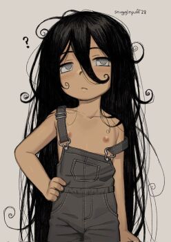 1boy :/ ? arm_at_side artist_name bare_arms bare_shoulders black_hair closed_mouth commentary cowboy_shot english_commentary expressionless flipped_hair grey_background grey_eyes grey_overalls hair_between_eyes hand_on_own_hip highres jitome long_bangs long_hair male_focus naked_overalls nipples original overalls shota simple_background snugglepuff28 solo strap_slip trap very_long_hair
