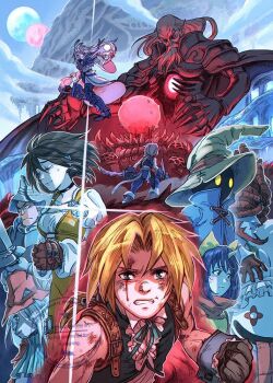 1other 3girls 6+boys adelbert_steiner amarant_coral aqua_ribbon ascot bare_shoulders beard black_choker black_hair black_mage_(final_fantasy) blonde_hair blood blood_on_face blue_ascot blue_coat blue_hair blue_pants blue_wrist_cuffs bodysuit boots bow breasts brown_gloves burmecian cat_tail chef_hat choker clawed_gauntlets clenched_hand clenched_teeth cloak closed_eyes coat cropped_jacket cropped_vest crystal diana_mercolini dirty dirty_face dreadlocks dual_wielding eiko_carol facial_hair feather_hair_ornament feathers fighting_stance final_fantasy final_fantasy_ix freya_crescent full_moon furrowed_brow garland_(ff9) garnet_til_alexandros_xvii gloves grey_boots grey_gloves grey_hair hair_between_eyes hair_bow hair_ornament hat helm helmet holding holding_sword holding_weapon horns jewelry kuja long_hair low_ponytail medium_breasts moon mouse_girl multiple_boys multiple_girls multiple_moons multiple_views neck_ribbon old old_man orange_bodysuit overalls own_hands_clasped own_hands_together pants parted_bangs pendant pointy_ears ponytail praying quina_quen red_coat red_hair red_helmet ribbon shirt showgirl_skirt single_horn sleeveless sleeveless_shirt sparkle sword tail tears teeth thigh_boots tongue tongue_out vest vivi_ornitier weapon white_shirt wide_sleeves winged_helmet wizard_hat wrist_cuffs yellow_bow yellow_eyes yellow_overalls zidane_tribal
