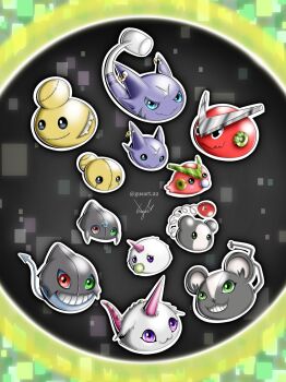 Rule 34 | damemon, digimon, digimon (creature), dracumon, green eyes, gumdramon, heterochromia, highres, horns, looking at viewer, opossummon, oridigi, psychemon, shoutmon, smile, tail