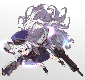 Rule 34 | 1girl, armband, armor, bandaid, bandaid on knee, bandaid on leg, blue eyes, bulletproof vest, full body, goddess of victory: nikke, hat, highres, holding, holding weapon, jetpack, long hair, poli (nikke), police, police hat, police uniform, policewoman, robocop, robocop 3, shoulder armor, sidelocks, simple background, socks, solo, syope, very long hair, wavy hair, weapon, white background, white hair, white socks