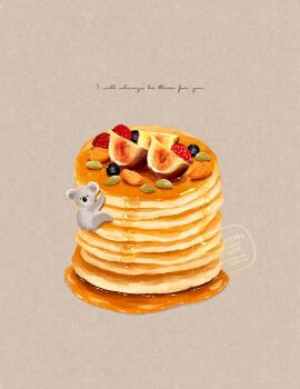 animal blueberry english_text fig food food_focus fruit grey_background hashtag-only_commentary highres koala looking_at_viewer maple_syrup mtbrtmg no_humans original pancake pancake_stack raspberry syrup