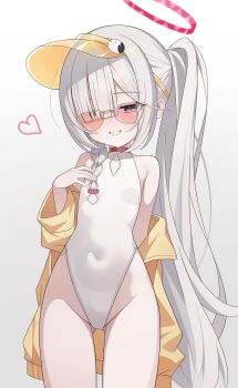 1girl absurdres alternate_costume alternate_hairstyle black_eyes blue_archive blush braid breasts cosplay covered_navel female_focus hair_over_one_eye halo heart highleg highleg_one-piece_swimsuit highres jacket loli looking_at_viewer loyo one-piece_swimsuit plana_(blue_archive) seia_(blue_archive) seia_(swimsuit)_(blue_archive) seia_(swimsuit)_(blue_archive)_(cosplay) small_breasts smile solo standing swimsuit thighs visor_cap white_background white_hair