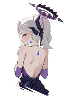 1girl absurdres bare_back bare_shoulders bead_necklace beads blue_archive blush closed_mouth commentary demon_girl demon_horns dress earrings elbow_gloves from_behind gloves grey_hair hair_bun halo highres hina_(blue_archive) hina_(dress)_(blue_archive) horns jewelry necklace neranainerune ponytail purple_dress purple_eyes purple_gloves purple_halo solo