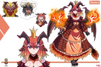Rule 34 | 1girl, absurdres, blue eyes, breasts, character name, character request, crown, dragon, dragon girl, dragon horns, dragon tail, dress, fire, highres, horns, koshou shou mitsu, looking at viewer, monster, monster hunter (series), multiple views, red hair, skirt, tail, teostra, wings