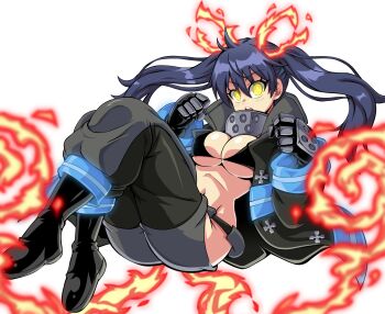 1girl bikini black_bikini black_boots black_gloves boots breasts clothing_cutout commentary commission covered_erect_nipples en&#039;en_no_shouboutai english_commentary fire floating_hair full_body gloves glowing glowing_eyes grey_pants hair_between_eyes hands_up highres hip_vent large_breasts lewdamone long_hair long_sleeves looking_at_viewer navel neon_trim open_clothes open_mouth pants simple_background slit_pupils solo swimsuit tamaki_kotatsu teeth twintails underboob upper_teeth_only v-shaped_eyebrows white_background yellow_eyes