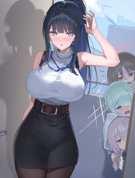 4girls arm_up bare_shoulders black_hair black_pantyhose black_skirt blue_archive blue_eyes blue_hair blue_halo blush breasts character_request check_commentary closed_mouth colored_inner_hair commentary commentary_request earrings green_eyes green_hair green_halo halo highres jewelry large_breasts long_hair looking_at_viewer miniskirt multicolored_hair multiple_girls open_mouth pantyhose parted_lips ponytail purple_eyes red_eyes red_halo saori_(blue_archive) shougun_(chuckni1) skirt smile solo_focus white_halo