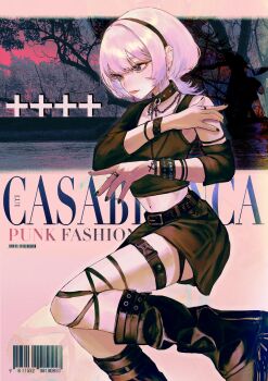 Rule 34 | 1girl, absurdres, artist name, barcode, belt, black belt, black boots, black choker, black hairband, black nails, black shirt, black skirt, blush, boots, bracelet, breasts, chain, chain necklace, choker, closed mouth, collarbone, cross, cross necklace, earclip, earrings, english text, eyelashes, feet out of frame, from side, gothic punk, hairband, hand on own shoulder, highres, jewelry, lips, long sleeves, looking to the side, lui n24, medium hair, midriff, mole, mole under eye, multiple bracelets, multiple moles, navel, necklace, nose, original, photo background, pink hair, purple eyes, ring, shirt, single bare shoulder, skirt, small breasts, solo, studded bracelet, studded choker, thigh strap, wolf cut