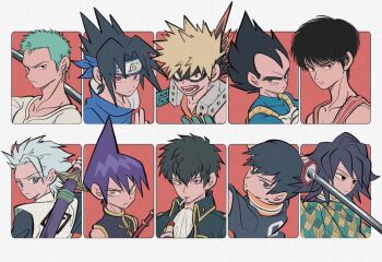 6+boys aqua_hair bakugou_katsuki black_eyes black_hair black_shirt bleach blonde_hair blue_eyes boku_no_hero_academia cigarette dragon_ball dragonball_z earrings gintama grey_hair haikyuu!! headband hijikata_toushirou hitsugaya_toushirou jewelry kageyama_tobio kimetsu_no_yaiba looking_at_viewer multiple_boys multiple_earrings naruto_(series) one_piece orange_shirt print_shirt purple_hair red_background red_eyes roronoa_zoro rukawa_kaede shaman_king sheath sheathed shirt slam_dunk_(series) sword tao_ren tomioka_giyuu uchiha_sasuke upper_body uzuta vegeta weapon white_shirt widow's_peak yellow_eyes