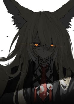 1girl absurdres aizettonagi animal_ears arknights black_jacket blonde_hair closed_mouth commentary eye_trail glowing glowing_eyes hair_between_eyes highres jacket light_smile light_trail long_hair looking_at_viewer necktie one-hour_drawing_challenge orange_eyes portrait red_necktie scar scar_across_eye scar_on_face shaded_face simple_background solo tassel vulpisfoglia_(arknights) white_background