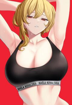 1girl armpits arms_behind_head arms_up black_bra black_sports_bra blonde_hair bra breasts character_name cleavage clothes_writing commentary double-parted_bangs english_commentary hair_between_eyes highres hololive hololive_indonesia kaela_kovalskia large_breasts looking_at_viewer navel parted_lips presenting_armpit red_background red_eyes short_hair si_farid simple_background single_sidelock solo sports_bra underwear upper_body virtual_youtuber
