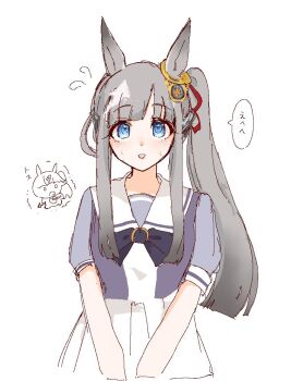 1girl alternate_hairstyle animal_ears blue_eyes blush breasts chrono_genesis_(umamusume) collarbone commentary_request horse_ears horse_tail looking_at_viewer okinaman open_mouth school_uniform simple_background small_breasts solo tail tracen_school_uniform translation_request umamusume white_background