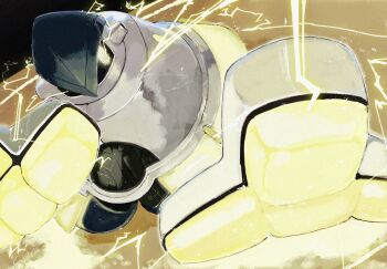 Rule 34 | black sclera, closed mouth, colored sclera, commentary request, dutch angle, electricity, highres, iron hands (pokemon), nintendo, no humans, non-humanoid robot, pixel eyes, pokemon, pokemon (creature), pokemon focus, rayman limbs, robot, robot animal, sakuraiisui, solo, standing, yellow eyes
