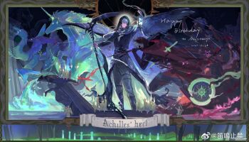 2boys army bird black_boots black_cape black_coat black_hair black_pants blank_eyes blood bloody_tears blue_cape boat boots border borrowed_character branch candle cape chinese_commentary coat commentary_request constellation dragon dual_persona expressionless eyes_in_shadow feet_out_of_frame fighting_stance final_fantasy final_fantasy_xiv fire greek_mythology grey_eyes hair_between_eyes hand_up happy_birthday helm helmet heterochromia highres holding holding_lantern holding_polearm holding_scythe holding_sword holding_weapon hood hood_up hooded_cape hyur lantern long_sleeves looking_at_viewer male_focus mouth_hold multicolored_hair multiple_boys murrtecys_ansuz nohonkingplz on_boat original ornate_border pants parted_lips picture_frame pillar polearm red_cape running scythe shirt short_hair standing sun_symbol sword the_song_of_achilles thigh_strap turtleneck turtleneck_shirt two-sided_cape two-sided_fabric two-tone_hair unicorn warrior_of_light_(ff14) water watercraft watermark weapon weibo_watermark wheel white_hair wolf yellow_eyes