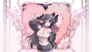 1girl absurdres black_choker black_hair black_jacket black_shorts breasts camisole center-flap_bangs character_request choker cleavage colored_inner_hair commentary_request copyright_request cowboy_shot crop_top dolphin_shorts double-parted_bangs hands_up heart_pendant hibi2scus highres jacket jewelry large_breasts long_hair long_sleeves looking_at_viewer midriff multicolored_hair navel necklace official_art open_clothes open_jacket panty_straps pendant_choker purple_eyes short_shorts shorts single_off_shoulder sleeves_past_wrists solo standing unzipped virtual_youtuber white_camisole wings