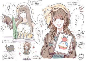 1girl 217find! :d acrylic_stand_(object) ancient_egyptian_clothes animal_hat bare_shoulders black_cat blush brown_cardigan brown_hair cardigan cat cat_hat closed_mouth commentary_request dated diagonal-striped_clothes diagonal-striped_dress dress eighth_note hanamiya_nina hanamiya_nina_(style) hashtag hat heart highres holding holding_tablet_pc long_hair long_sleeves looking_at_viewer meiji_(mosamoo3) mole mole_under_eye multiple_views musical_note open_mouth real_life short_dress smile sparkle speech_bubble split_mouth striped_clothes tablet_pc translation_request