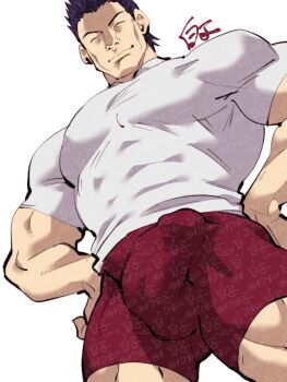 1boy bara bulge closed_eyes covered_penis cowboy_shot erection erection_under_clothes facing_viewer from_below girthy_penis hands_on_own_hips highres hunter_x_hunter large_pectorals male_focus mature_male muscular muscular_male pectorals penis razor_(hunter_x_hunter) red_shorts shirako_(kirupi) shirt short_hair shorts sideburns smile solo standing thick_thighs thighs tight_clothes tight_shirt too_many_watermarks watermark