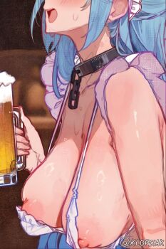 1girl alcohol aqua_(konosuba) beer beer_mug black_collar blue_hair breasts chain collar collarbone commentary cup drunk english_commentary head_out_of_frame holding holding_cup klopsiak kono_subarashii_sekai_ni_shukufuku_wo! large_breasts long_hair mug nipples open_mouth solo twitter_username upper_body