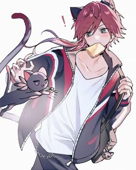 ! 1boy adjusting_clothes alternate_costume animal_ears black_cat black_jacket bread bread_slice cat cat_ears cat_tail commentary cowboy_shot food food_in_mouth green_eyes hair_between_eyes highres jacket kemonomimi_mode lauren_iroas long_hair long_sleeves looking_at_animal male_focus nijisanji open_clothes open_jacket red_hair shirt simple_background solo symbol-only_commentary tail toya07144 virtual_youtuber white_background white_shirt
