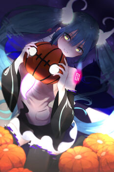 Rule 34 | 1girl, absurdres, bare shoulders, black skirt, breasts, chandelure, collarbone, collared shirt, commentary, detached sleeves, gen 1 pokemon, gen 5 pokemon, gengar, ghost girl, ghost miku (project voltage), glitch, green hair, grey shirt, hair between eyes, hair ornament, hatsune miku, highres, jack-o'-lantern, long hair, long sleeves, looking at viewer, medium breasts, multiple others, nekochu (masamura38b), nintendo, pokemon, pokemon (creature), project voltage, pumpkin, shirt, skirt, sleeveless, sleeveless shirt, teeth, twintails, very long hair, vocaloid, yellow eyes