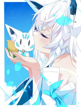 1girl absurdres animal animal_ear_fluff animal_ears aqua_theme armpit_crease bare_shoulders blue_background border braid closed_eyes commentary_request creature detached_sleeves earrings fox_ears fox_girl highres hololive jewelry kasawara kiss kissing_animal kissing_creature light_blush long_sleeves outside_border shirakami_fubuki single_braid single_earring solo sukonbu_(shirakami_fubuki) upper_body virtual_youtuber white_border white_hair white_theme wide_sleeves