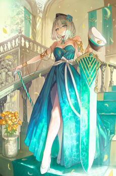 1girl absurdres aqua_dress aqua_eyes aqua_hair arch armlet banner bare_legs bare_shoulders blue_flower blue_gem bob_cut bow bracer breasts brooch cane carpet caustics chain choker cleavage closed_mouth commentary_request dress evening_gown falling_petals flower front_slit full_body gem gold_armlet greatsword grey_hair hair_between_eyes hair_flower hair_ornament hat high_heels highres holding holding_cane holding_sword holding_unworn_clothes holding_unworn_hat holding_weapon indoors jewelry kirei_natuki lace lace_choker long_dress looking_at_viewer medal medium_breasts multicolored_hair on_stairs orange_hair outstretched_arm peaked_cap petals plant planted planted_sword planted_weapon potted_plant project:yuires railing ratio_yuires ribbon shoes short_hair shoulder_necklace sidelocks sideways_glance smile solo standing strapless strapless_dress streaked_hair sunlight sword tiara unworn_hat unworn_headwear virtual_youtuber waist_bow waist_ribbon weapon white_choker white_hat white_ribbon white_shoes yellow_flower yellow_petals