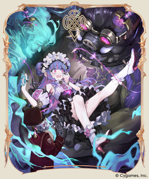 Rule 34 | 1girl, akefumi, blue hair, boar, border, bow, commentary request, copyright notice, double bun, dress, fickle necromancer, flower, frilled dress, frilled hairband, frills, garrison cap, hair bun, hair flower, hair ornament, hairband, hat, high heels, highres, holding hands, multicolored hair, official art, ornate border, pink bow, pink eyes, pink hair, purple dress, raised inner eyebrows, shadowverse, shadowverse: worlds beyond, shoes, skeleton, socks, streaked hair, sword, tearing up, tusks, two-tone hair, wavy eyes, weapon, white dress, white flower, white shoes, white socks