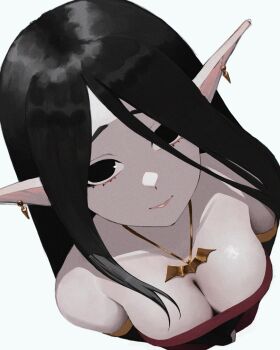 Rule 34 | 1girl, absurdres, anemoneeanemone, bare shoulders, bat necklace, black eyes, black hair, borrowed character, breasts, cleavage, collarbone, dress, earrings, from above, highres, jewelry, licorice (justadrian), long hair, long pointy ears, looking at viewer, looking up, medium breasts, necklace, no pupils, original, pale skin, parted bangs, pointy ears, red dress, simple background, smile, solo, strapless, strapless dress, white background