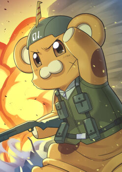animal_costume bear_costume bonta-kun brown_eyes commission explosion full_metal_panic! gun helmet holding holding_gun holding_weapon mascot_costume skeb_commission toto_nemigi weapon