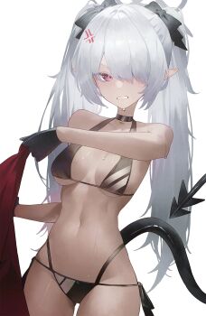 1girl anger_vein bikini black_bikini black_bow black_choker black_gloves blanket blue_archive blush bow breasts choker clenched_teeth commentary_request cowboy_shot dark-skinned_female dark_skin demon_tail furrowed_brow gloves grey_hair grey_halo hair_bow hair_over_one_eye halo hands_up highres holding holding_blanket iori_(blue_archive) iori_(swimsuit)_(blue_archive) long_hair looking_at_viewer medium_breasts multi-strapped_bikini_bottom navel official_alternate_costume pointy_ears purple_eyes side-tie_bikini_bottom sla2h_help solo string_bikini swimsuit tail teeth twintails water_drop