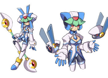 1girl absurdres animal_ears breasts cleavage cowboy_shot fake_animal_ears forehead_jewel full_body green_hair hayebsi helmet highres holding holding_staff jacket long_hair mega_man_(series) mega_man_zx model_w_(mega_man) multiple_views pandora_(mega_man) rabbit_ears red_eyes simple_background small_breasts staff vest white_background white_helmet white_jacket white_vest