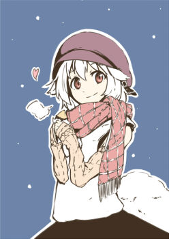 Rule 34 | 1girl, animal ears, detached sleeves, female focus, food, fringe trim, hat, heart, inubashiri momiji, kokutei n, looking at viewer, pom pom (clothes), potato, red eyes, scarf, short hair, silver hair, smile, snow, solo, sweet potato, tail, touhou, wolf ears, wolf tail