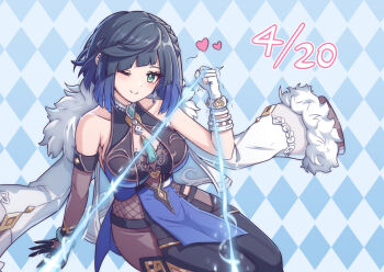 1girl argyle_background argyle_clothes asymmetrical_gloves bare_shoulders bead_choker blue_hair blush bob_cut breasts closed_mouth collarbone cowboy_shot dated diagonal_bangs dice elbow_gloves feather-trimmed_jacket fur-trimmed_jacket fur_trim genshin_impact gloves gradient_hair green_eyes heart highres holding holding_string jacket jacket_on_shoulders jewelry large_breasts looking_at_viewer mismatched_gloves mole mole_on_breast multicolored_hair neck_tassel one_eye_closed pelvic_curtain pov saylamars short_hair single_elbow_glove sitting smile solo string tassel tassel_choker two-tone_hair waist_cutout white_jacket yelan_(genshin_impact)