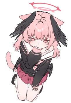 1girl animal_ears black_shirt black_shoes black_wings blue_archive blush cat_ears cat_tail commentary covering_own_mouth feathered_wings from_above halo head_wings highres kanai_ouo kneeling koharu_(blue_archive) long_sleeves looking_at_viewer low_wings neckerchief off_shoulder pink_eyes pink_hair pink_halo pink_neckerchief pink_skirt pleated_skirt red_skirt sailor_collar school_uniform shirt shoes simple_background single_bare_shoulder skirt sleeves_past_wrists socks solo symbol-only_commentary tail twintails white_background white_sailor_collar white_socks wings
