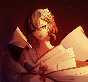 1girl abstract_background akeha_(nier_reincarnation) artist_name asymmetrical_hair black_background brown_hair collarbone earrings facing_viewer floating_earrings flower gradient_background grey_eyes hair_between_eyes hair_flower hair_ornament hair_ribbon head_tilt japanese_clothes jewelry kimono light_particles lips looking_down mole mole_under_eye neck nier_(series) nier_reincarnation orange_light parted_lips pink_lips red_background red_ribbon ribbon short_hair sidelocks signature single_sidelock solo striped_clothes striped_kimono tassel tassel_earrings twitter_username vertical-striped_clothes vertical-striped_kimono white_flower white_kimono zeronashh